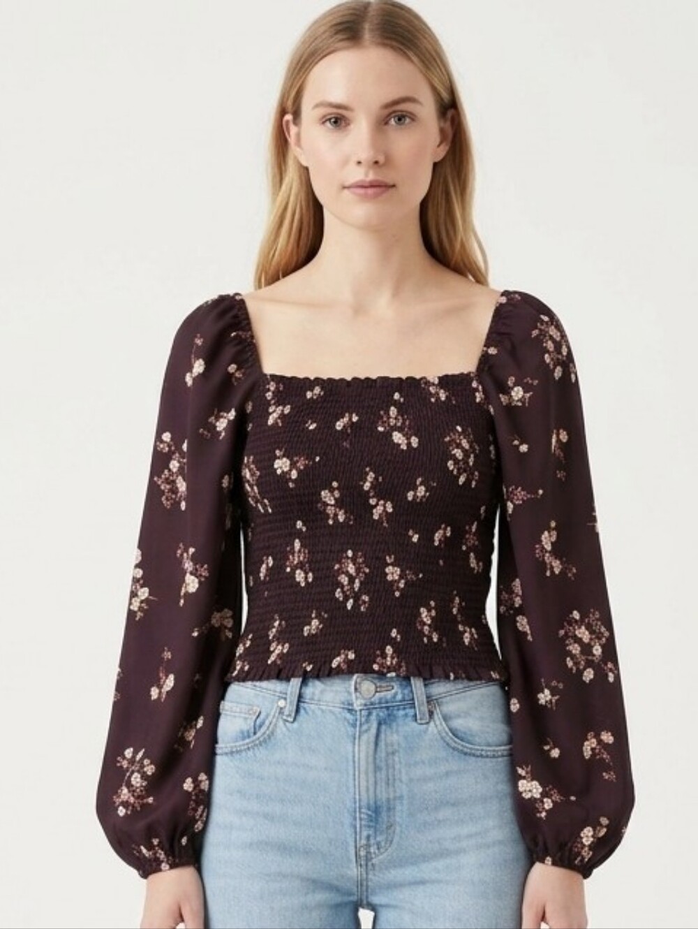 Abercrombie Smocked Floral Long Sleeve Top S Purple Cottagecore Floral Boho